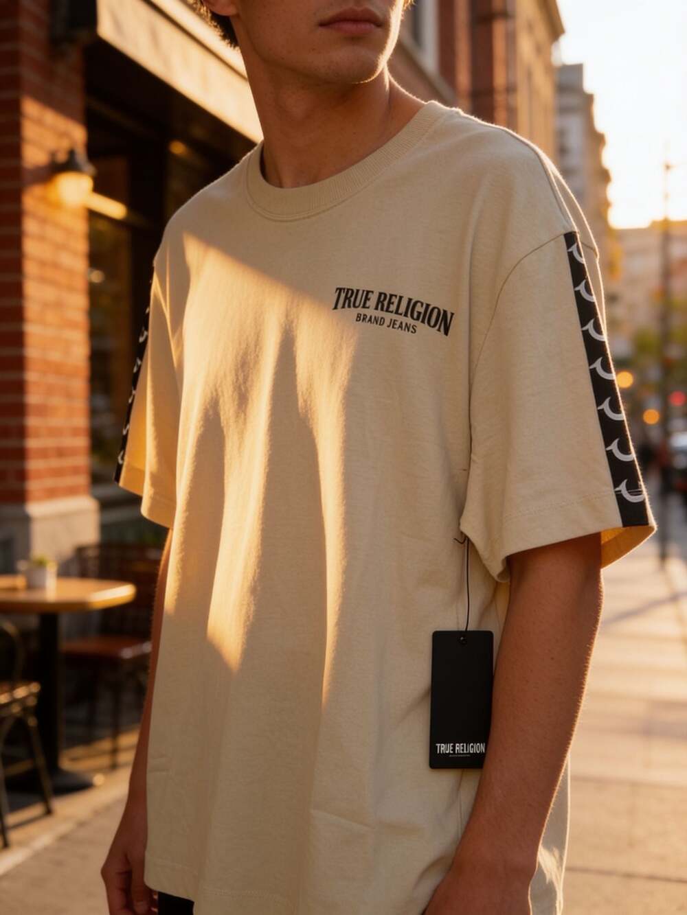 True Religion Men's Logo Tape T-Shirt in Beige